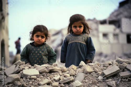 Cry very hard little children poor looking collapse buildings area, Effect from war humanity mankind loss Palestinian and Israel. waste concept. photo
