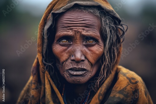 Hungry starving poor Senior woman looking at the camera in Ethiopia