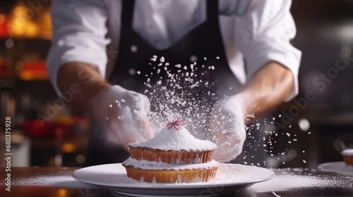 Chef cooking desserts in professional kitchen. Chef cook in a professional kitchen cooking cakes. Close up a cakes sprinkled with icing sugar photo