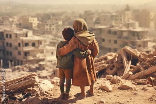 Poor sibling orphans hugging together with ruins of destroyed house and city from war in background conflict area at Palestinian and Israel. photo