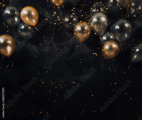 Glittering golden and black balloons on a dark background, presenting blurred imagery and a multi-layered collage with bokeh effects.