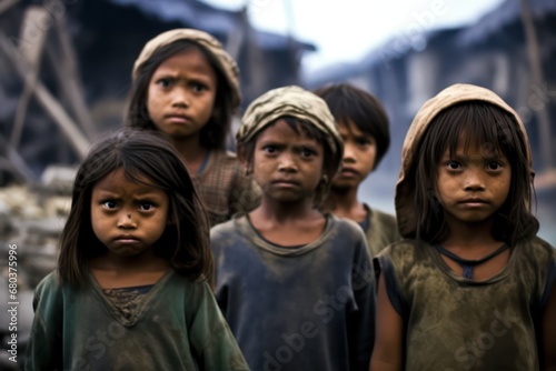 Fototapeta Naklejka Na Ścianę i Meble -  Homeless and poverty asian child sits and asks for food, the problem of hunger,poverty.