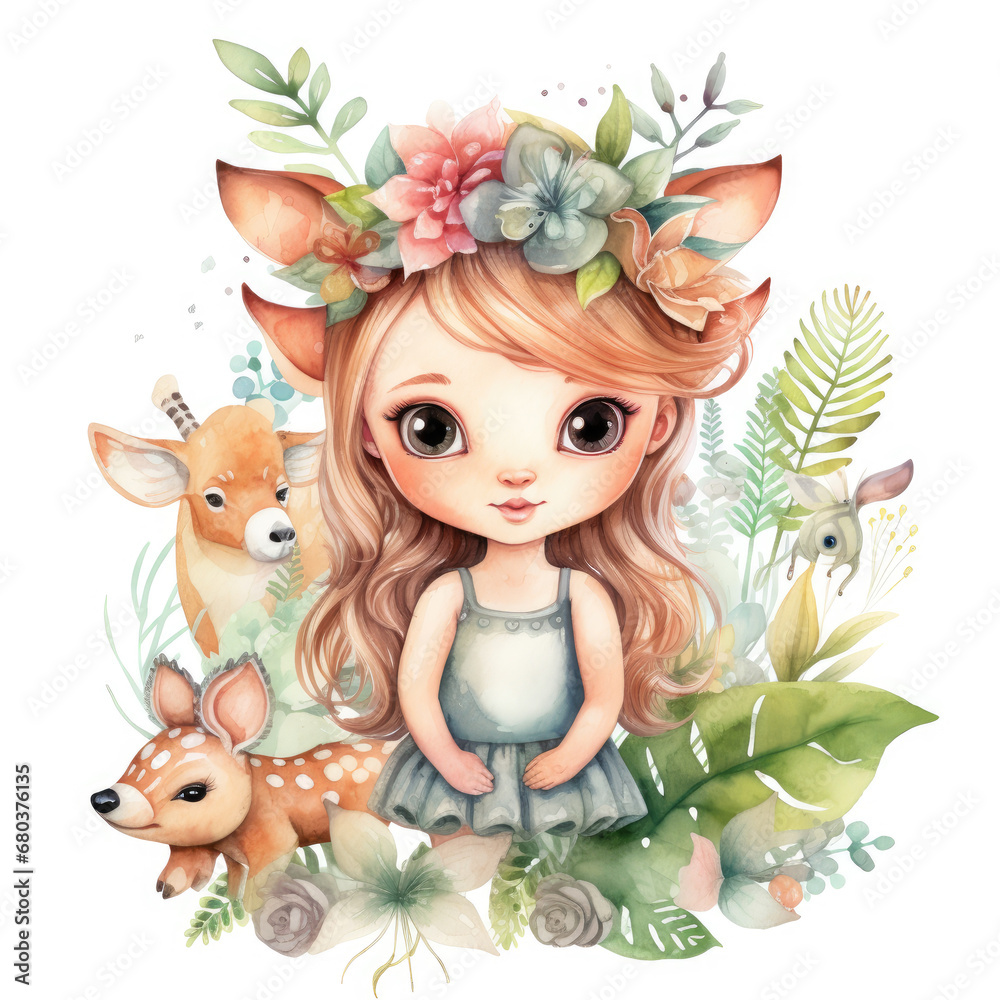 Safari Animal set little fairie in colorful dresses Illustration, Generative Ai