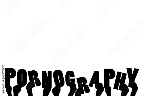 Digital png illustration of hands with pornography text on transparent background