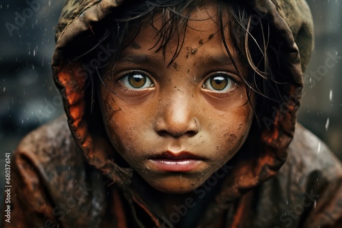 Close-up of poor starving orphan boy slum boy in refugee clothes and eyes full of pain. photo