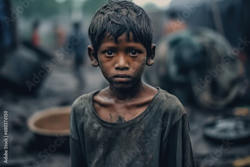 Close-up of poor starving orphan asian boy slum boy in refugee clothes and eyes full of pain.