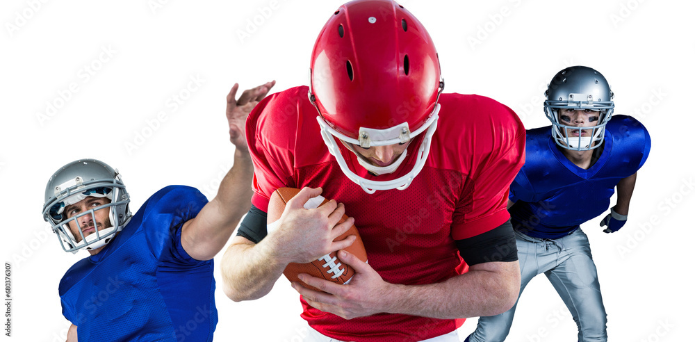 Fototapeta premium Digital png photo of diverse male american football players on transparent background