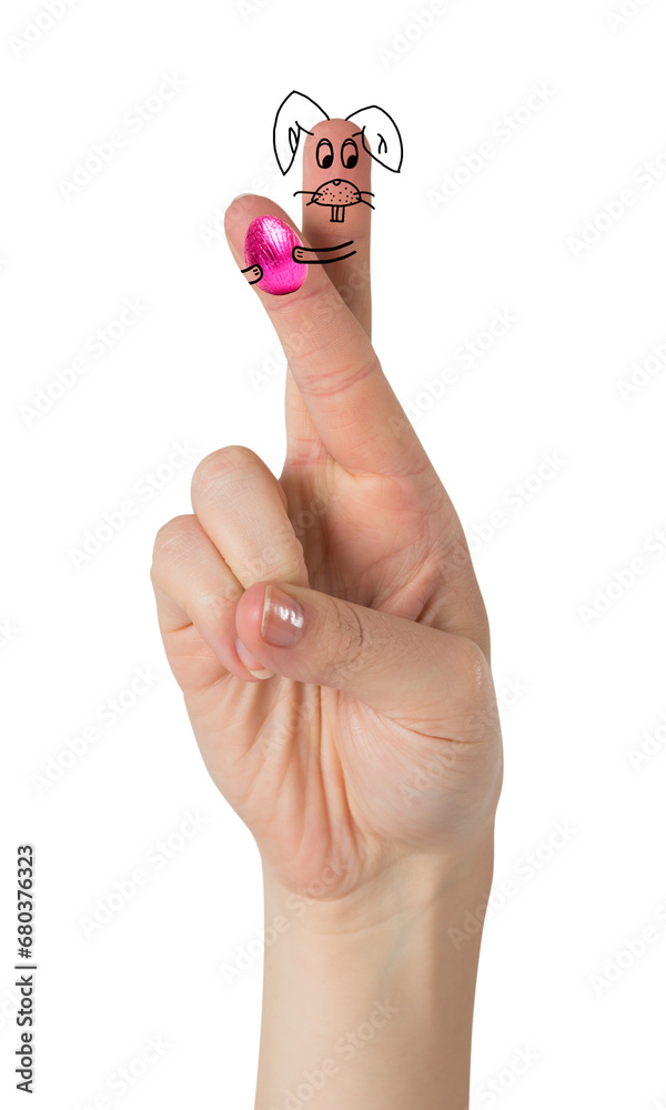 Obraz premium Digital png illustration of fingers with rabbit with egg on transparent background