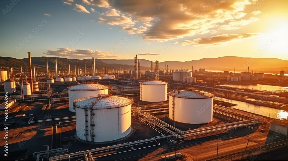 Oil refinery plant with beautiful sky sunset, Aerial view of oil ...