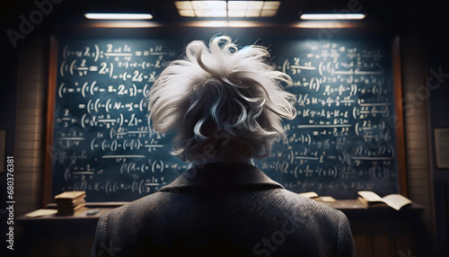Professor looking at complex equations on a blackboard
