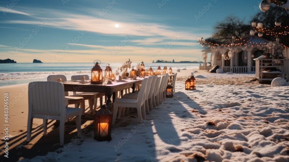 Outdoor Christmas celebration on the beach at sunset.