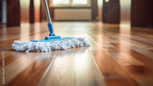 Floor cleaning with mob and cleanser foam. Cleaning tools on parquet floor