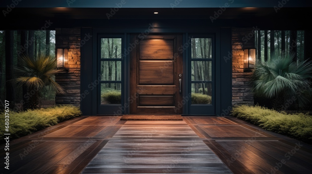 Expensive wooden dark entrance minimalists door in a private house.