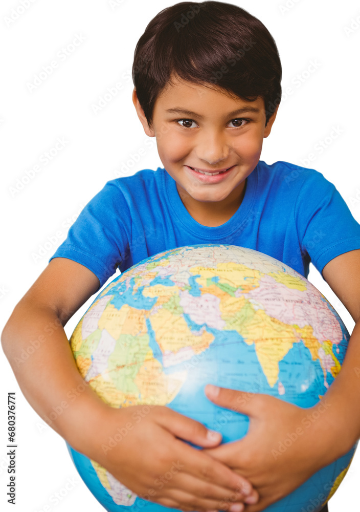 Digital png photo of happy biracial schoolboy with school globe on transparent background Digital png photo of happy biracial schoolboy with school globe on transparent background