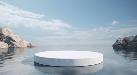 Podium water background product display scene 3d marble stand stone summer platform. Mockup background water beauty white podium rock space cosmetic stage blue presentation nature light pool black