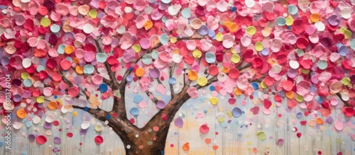 background, a tree stood tall with its vibrant springtime blooms, a patchwork of red, pink, and white flowers creating a picturesque scene. The texture of the petals and the bokeh effect brought a photo