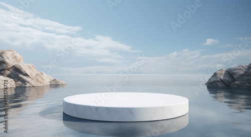 Podium water background product display scene 3d marble stand stone summer platform. Mockup background water beauty white podium rock space cosmetic stage blue presentation nature light pool black