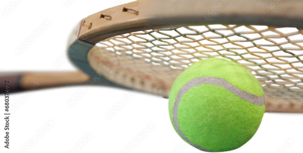 Digital png illustration of tennis ball and racket on transparent background
