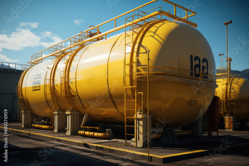 An industrial gas storage tank with yellow color.