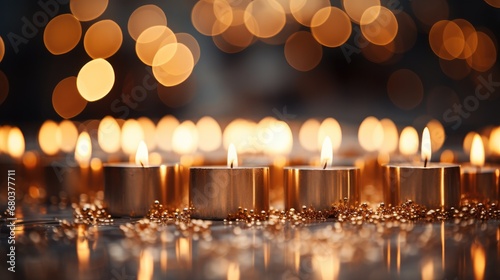 A row of candles with varying flame heights creating a dynamic and lively bokeh.