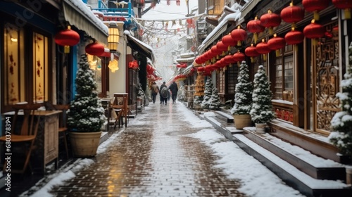 New Year's alley flanked and shops with New Year's decorations and gifts. © visoot