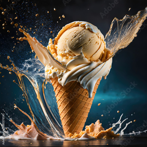 Ice cream splashing out of a waffle cone on a dark background. Highlight © Fahim