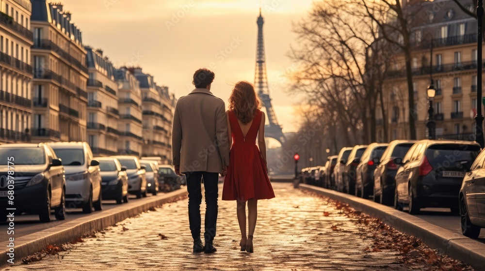 Romantic couple on city street at Paris on Valentine's Day. - obrazy, fototapety, plakaty 