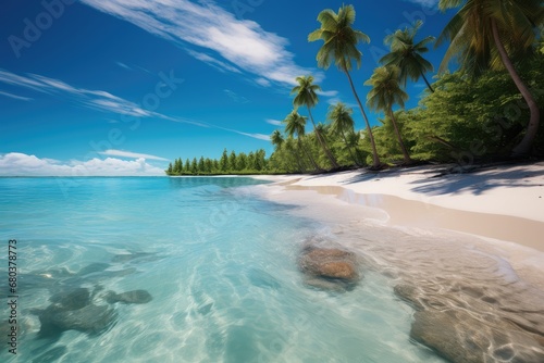 A tropical paradise with white sandy beaches, Turquoise waters and lush green palm trees swaying in the gentle breeze.