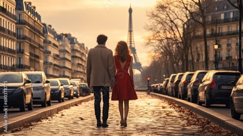 Romantic couple on city street at Paris on Valentine's Day.