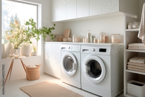 Bright and warm laundry room, White washing machine, High-end, Minimalist.