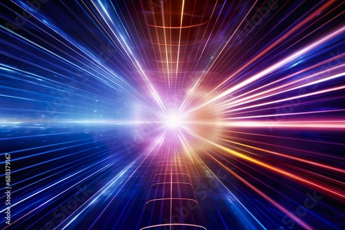 the information highway shows a tunnel of light, fluid rectilinear and curves, objective abstraction, quantum wave tracing, redshift