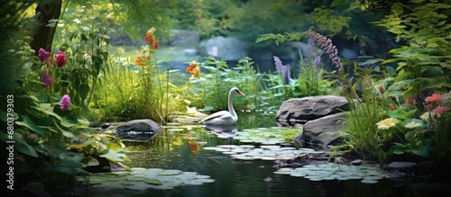 serene Quebec garden, amidst the iridescent summer hues, a predator lurks background, hunting for a small insect among the lush green leaves of a native plant, showcasing the incredible beauty of photo