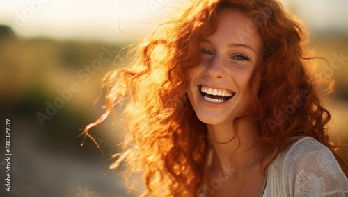 Joyful woman with red hair laughing, captured in golden sunlight, perfect for lifestyle or beauty campaigns. © StockWorld