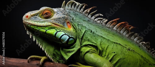 tropical rainforest  a majestic iguana with vibrant green scales roams freely  showcasing the intricate details of its reptilian nature  captivating all who visit the wildlife zoo with its pet-like