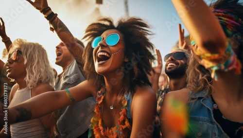 Joyful Black woman enjoying a music festival with friends, epitomizing summer fun and cultural events. © StockWorld