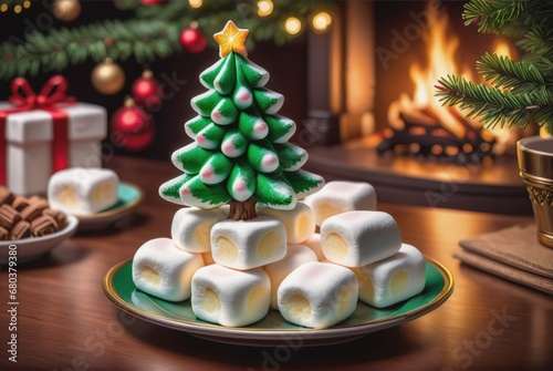 Christmas marshmallow with Christmas tree shape background