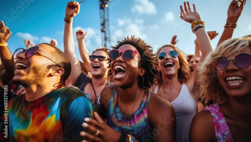 Exuberant crowd at a festival, with joyful Black women in sunglasses celebrating, perfect for themes of joy and music events.