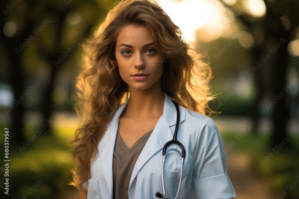 A motivated medical student practicing with a durable stethoscope in a peaceful park. A motivated medical student practicing with a durable stethoscope in a peaceful park.