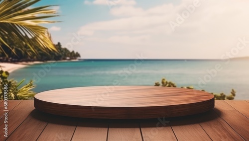 Round wooden table with a tropical beach backdrop, great for vacation-themed product displays and promotions.