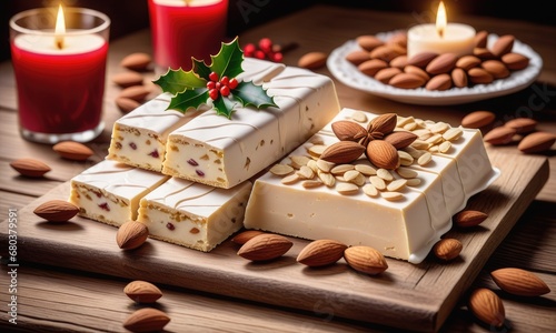 Traditional christmas sweet nougat and christmas sweet almonds on wooden table  © Ai creative universe