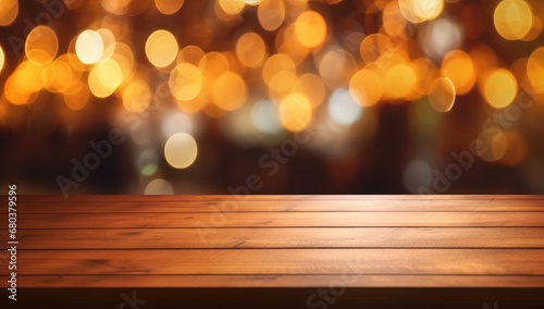 Wooden surface with warm bokeh lights, perfect for festive display backgrounds or intimate dining concepts.