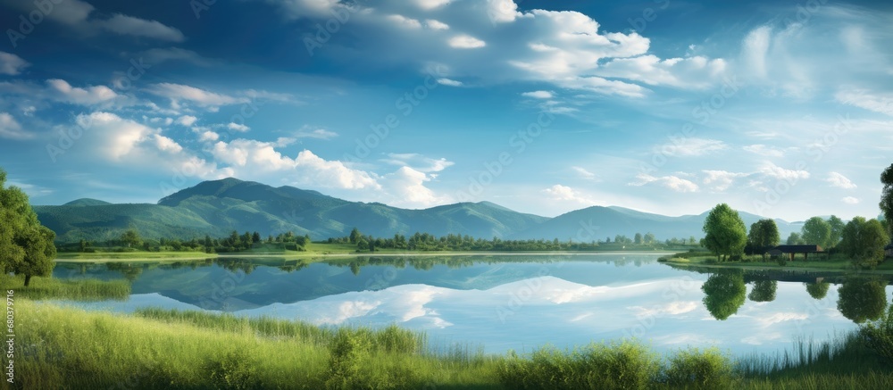 The background of the summer landscape depicted a breathtaking panorama of lush green forests and majestic mountains, with the vibrant blue sky reflected calm waters of the park, creating a beautiful