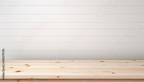 Empty wooden white table over white wall background  product display montage. High quality photo