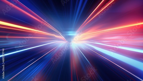 Dynamic light streaks in blue and red  suitable for high-speed  technology  or futuristic themes.