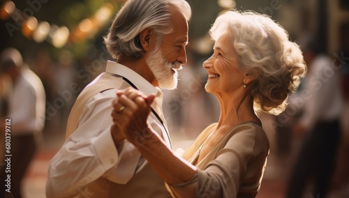 Elderly couple dancing outdoors at sunset, embodying timeless love and active senior lifestyle.