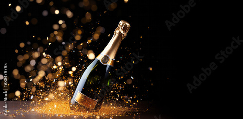 A celebration bottle of champagne with gold sparkling glitter confetti