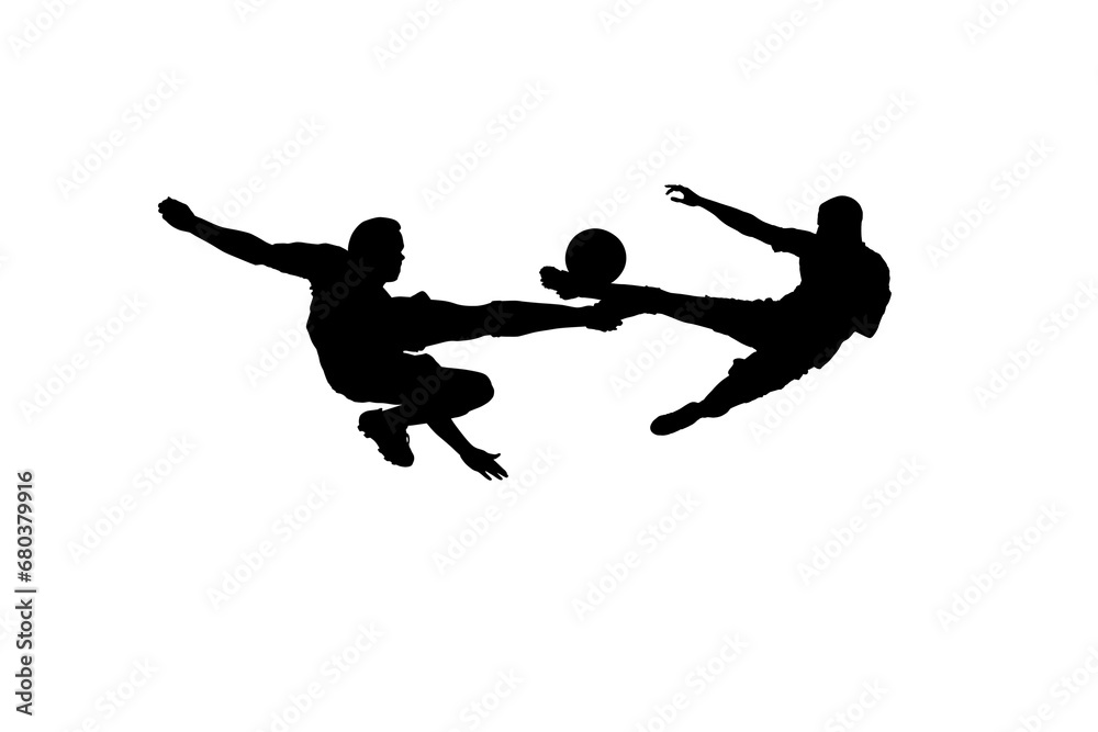 Digital png illustration of silhouettes of male footballers with ball on transparent background