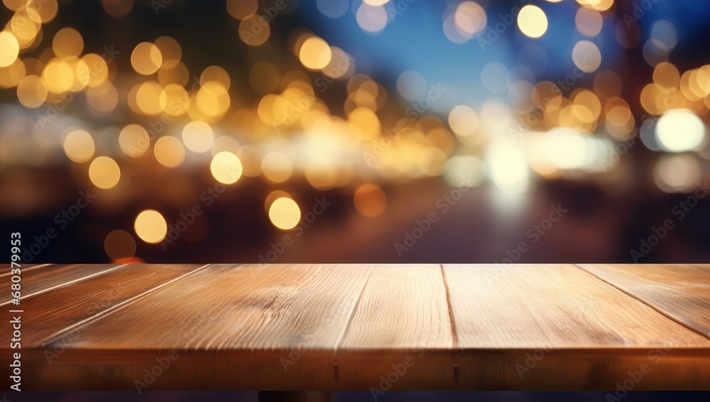 Wooden table top with a blurred background of warm, glowing bokeh lights. Product display, festive atmosphere creation, cozy restaurant setting visual.