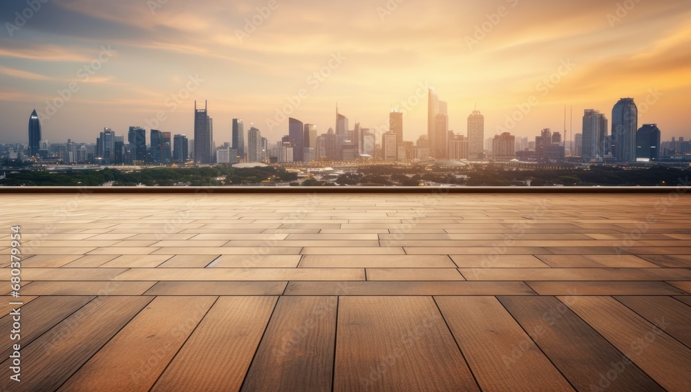 Wooden surface with a blurred city skyline at sunrise, suitable for advertising and urban lifestyle concepts.