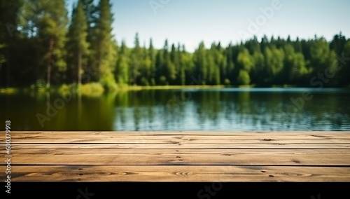 Wooden table against a blurred summer lake, ideal for product display and advertisement settings.
